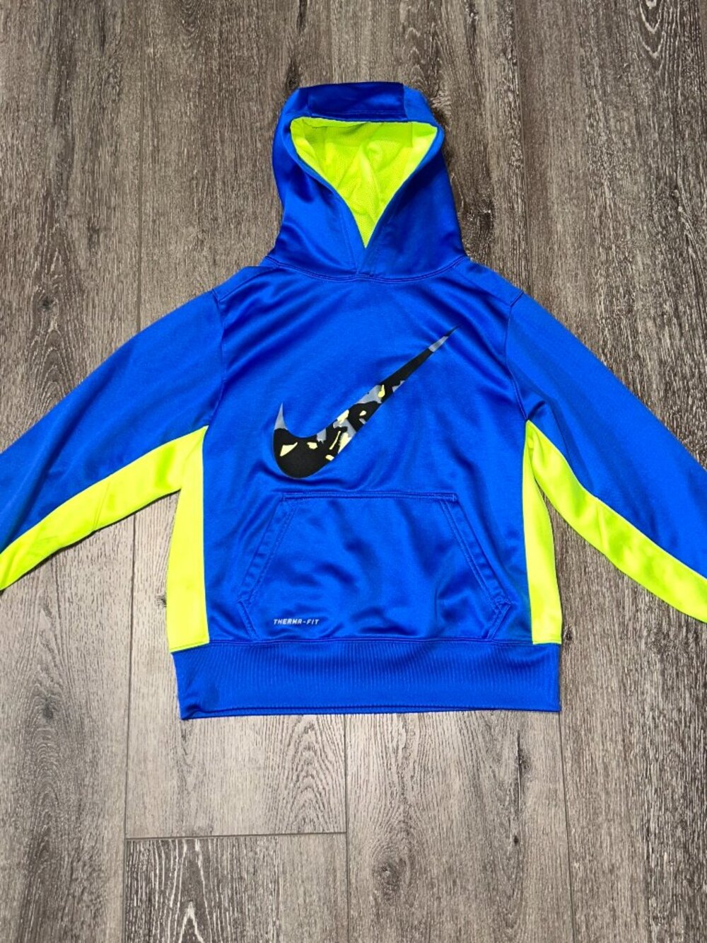 NIKE Therma Fit Blue Fleece Lined YOUTH Pullover Logo Hoodie Size MEDIUM